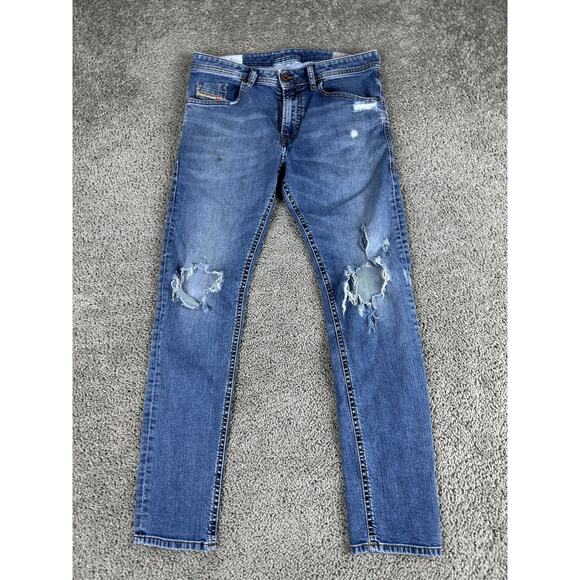 Diesel Thommer Jeans Mens 31 Blue Slim Skinny Distressed Denim Ripped Holes - Picture 2 of 15